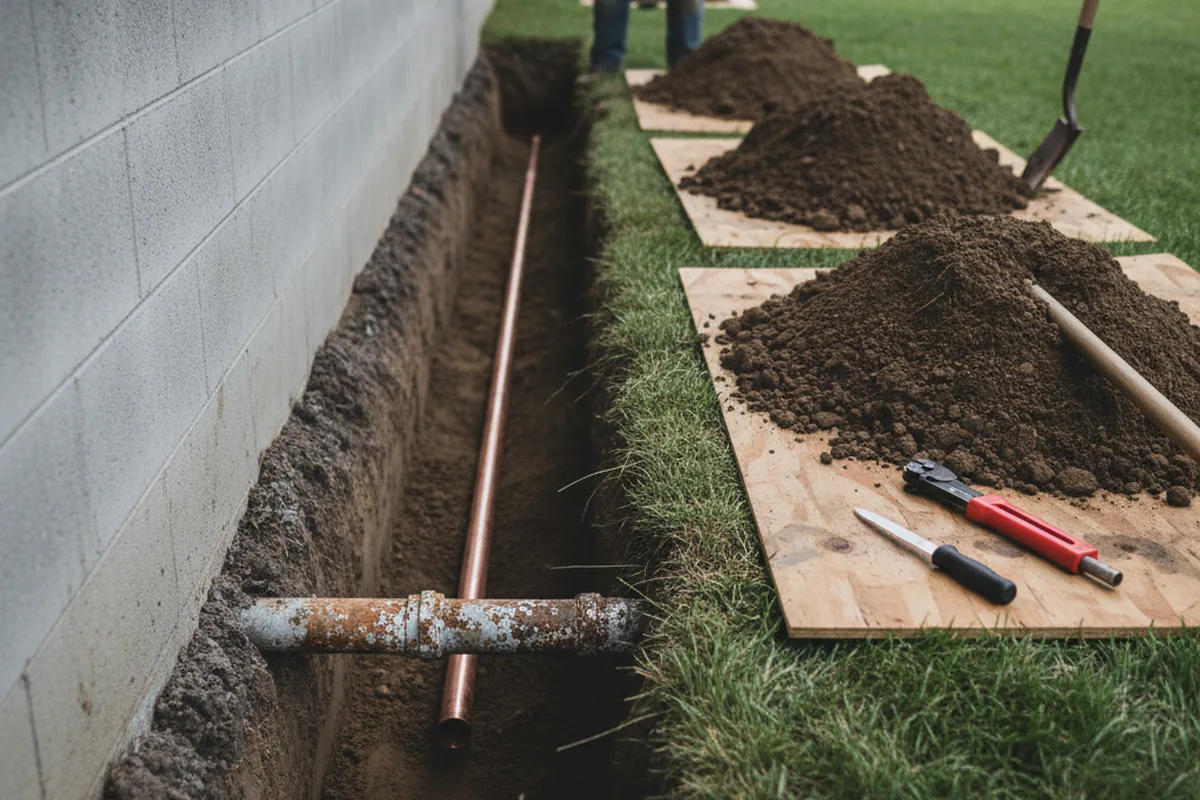 Excavated water line trench during Water Softener Installation in Bagdad
